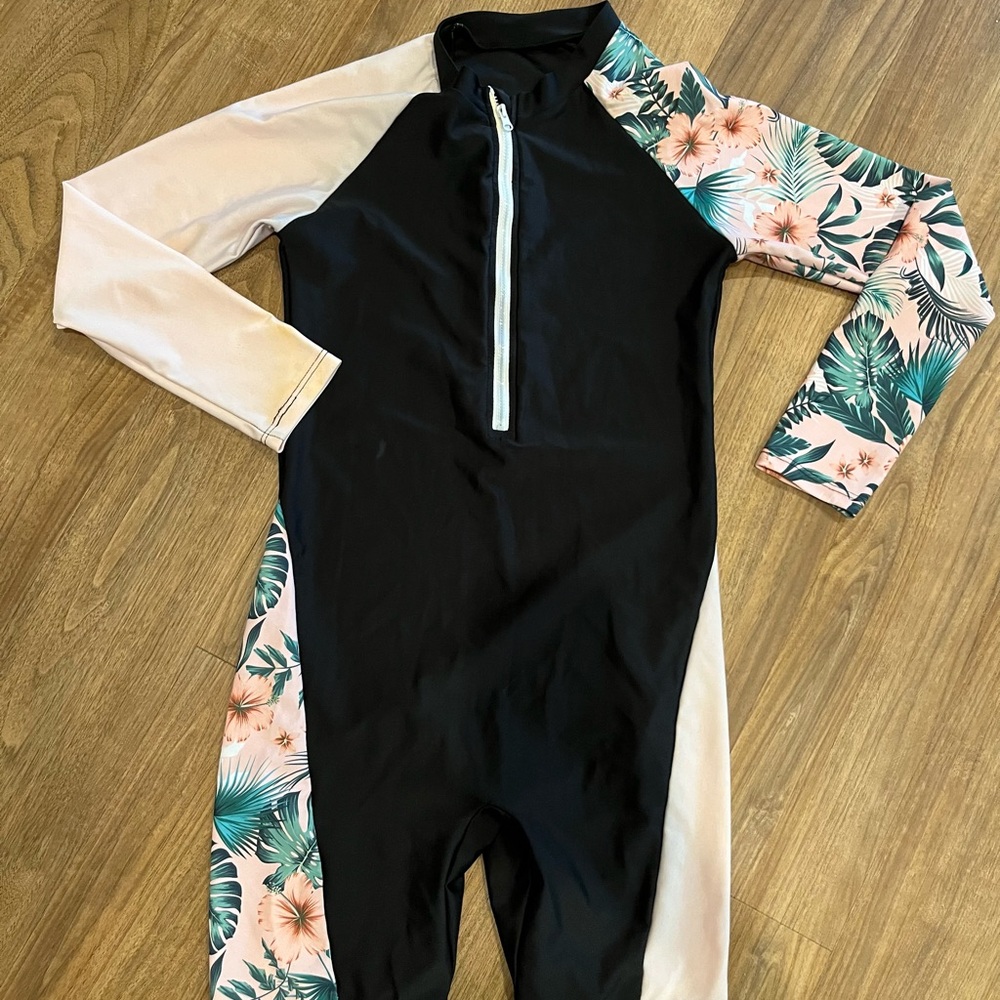 GERU kids one piece rash guard swim suit set quick dry floral pattern size 11/12